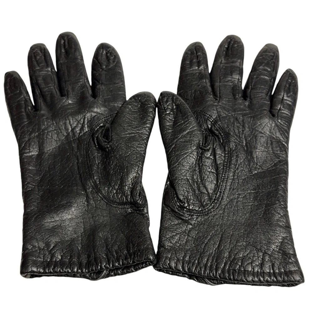 Vintage Textured Dark Brown Leather Gloves Womens Small